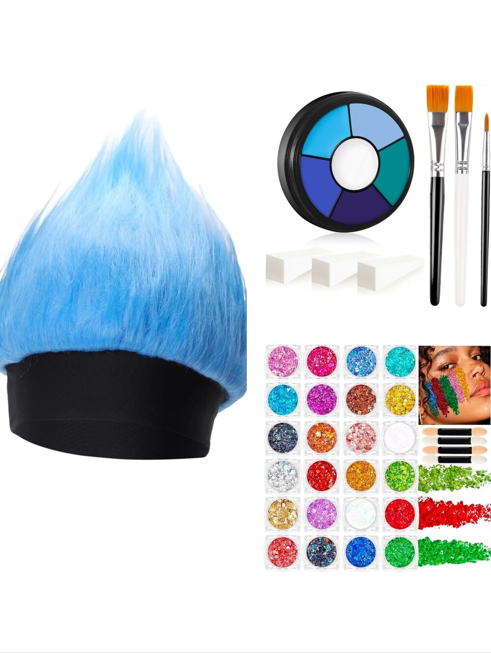 Blue Face Paint Palette, Face & Body Glitter, and Wig ALL NEW